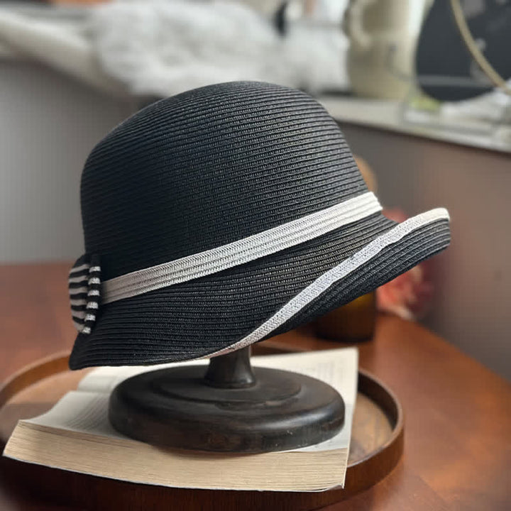 Sombrero fedora de paja playera con lazo a rayas para mujer