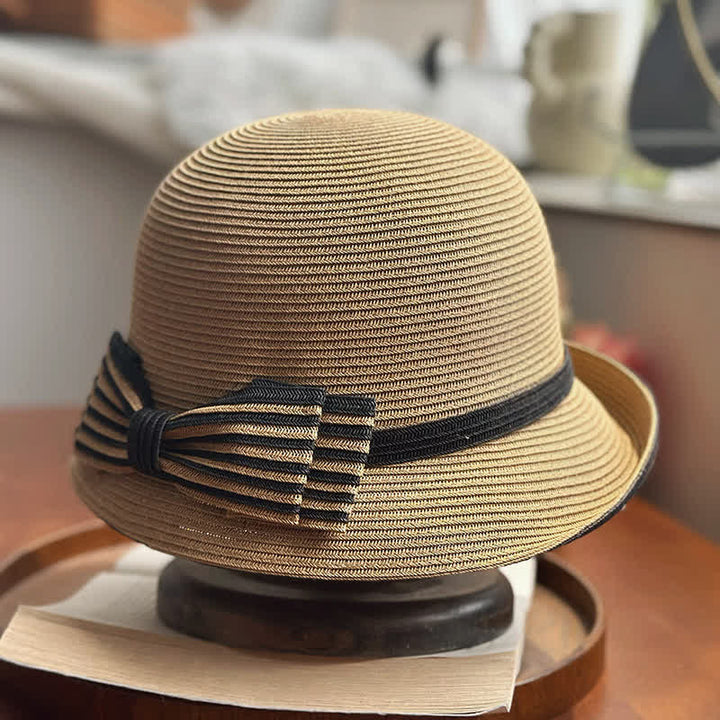 Sombrero fedora de paja playera con lazo a rayas para mujer