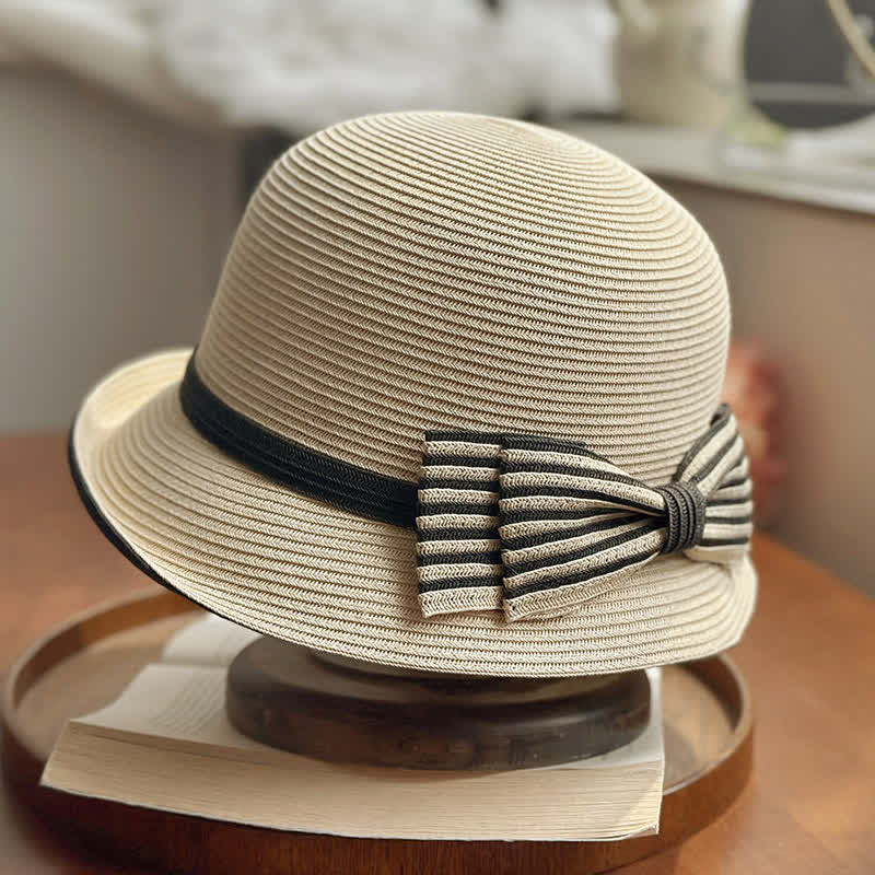 Sombrero fedora de paja playera con lazo a rayas para mujer