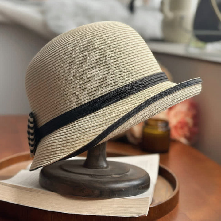Sombrero fedora de paja playera con lazo a rayas para mujer