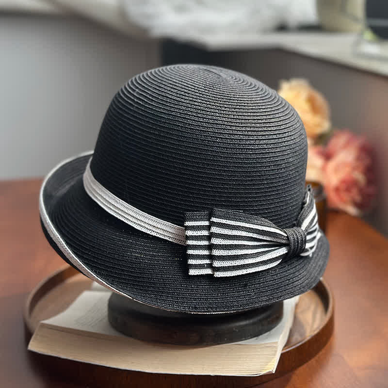 Sombrero fedora de paja playera con lazo a rayas para mujer