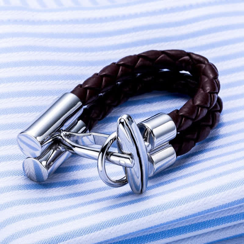 Gemelos de cuerda de cuero trenzado marrón para hombre (1 par)