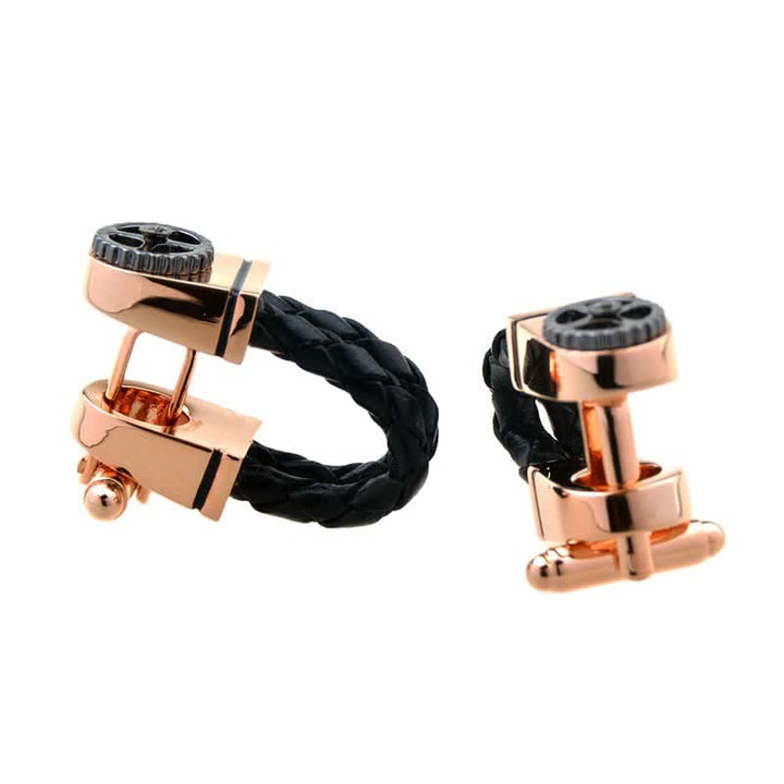 Gemelos de cuero trenzado con engranajes en oro rosa para hombre (1 par)