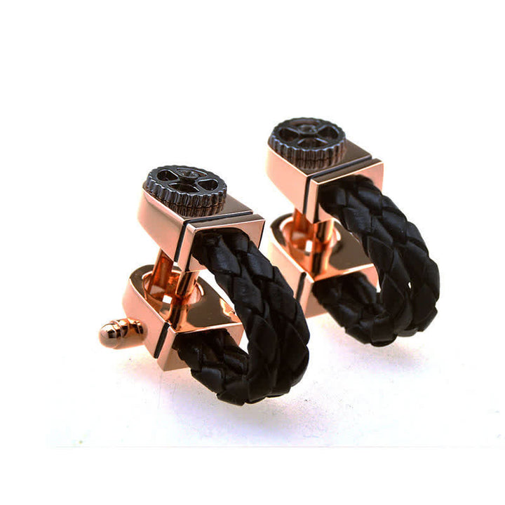 Gemelos de cuero trenzado con engranajes en oro rosa para hombre (1 par)