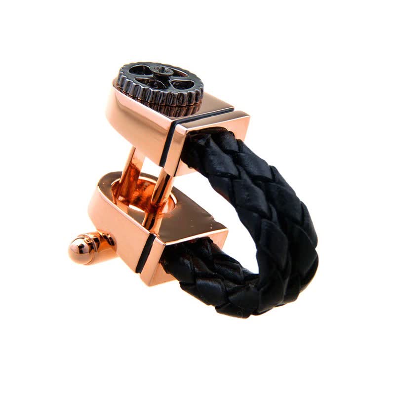 Gemelos de cuero trenzado con engranajes en oro rosa para hombre (1 par)