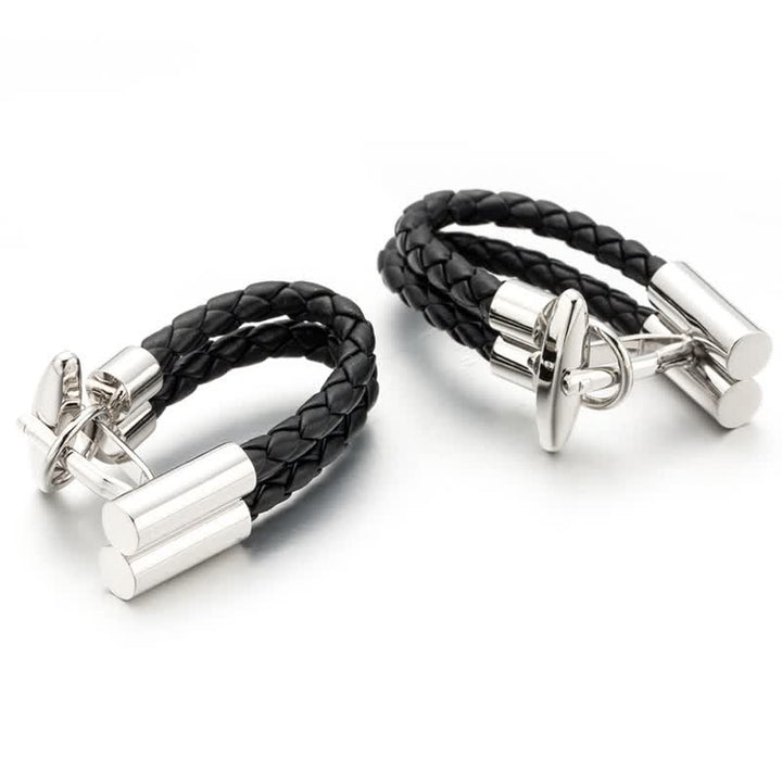 Gemelos de cuero trenzado con botones de punto negros para hombre (1 par)