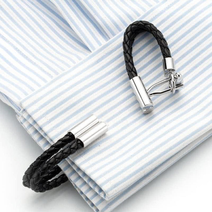Gemelos de cuero trenzado con botones de punto negros para hombre (1 par)