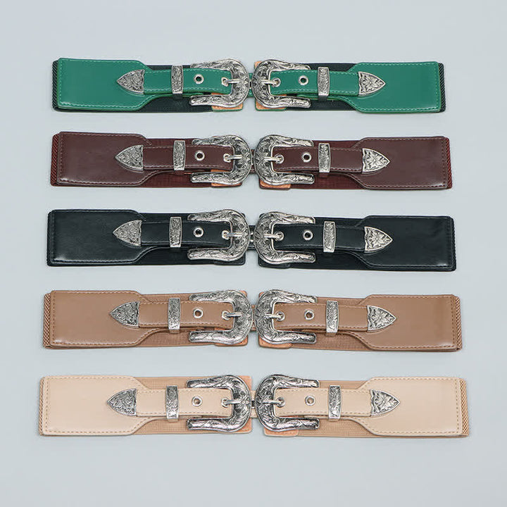 Cinturón elástico de cuero con doble hebilla para mujer, ideal para pantalones vaqueros y vestidos.