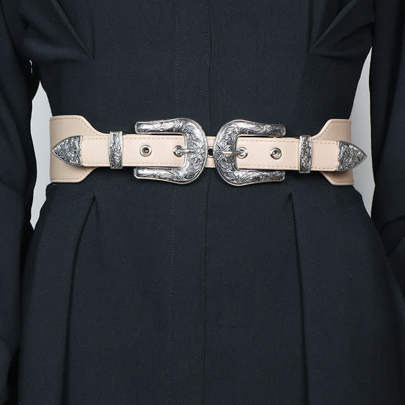Cinturón elástico de cuero con doble hebilla para mujer, ideal para pantalones vaqueros y vestidos.