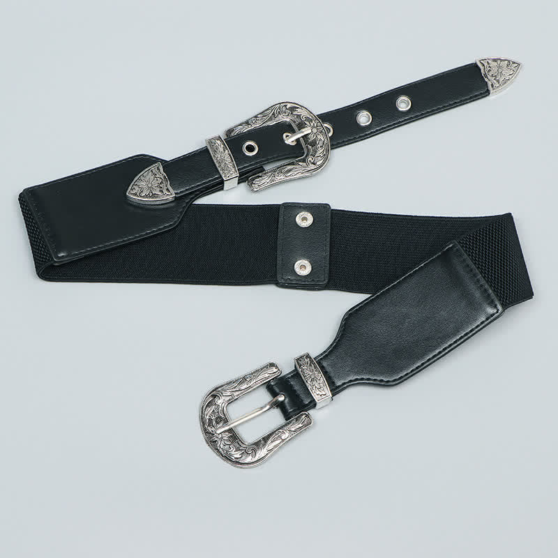 Cinturón elástico de cuero con doble hebilla para mujer, ideal para pantalones vaqueros y vestidos.