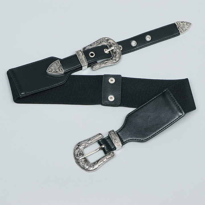 Cinturón elástico de cuero con doble hebilla para mujer, ideal para pantalones vaqueros y vestidos.