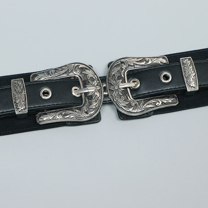 Cinturón elástico de cuero con doble hebilla para mujer, ideal para pantalones vaqueros y vestidos.