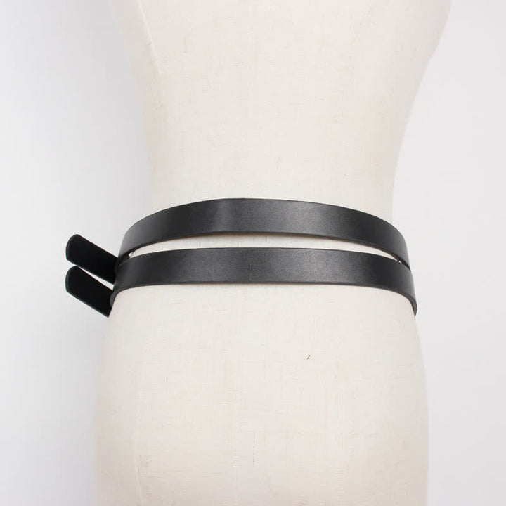 Cinturón de cuero negro con doble correa y doble punta para mujer
