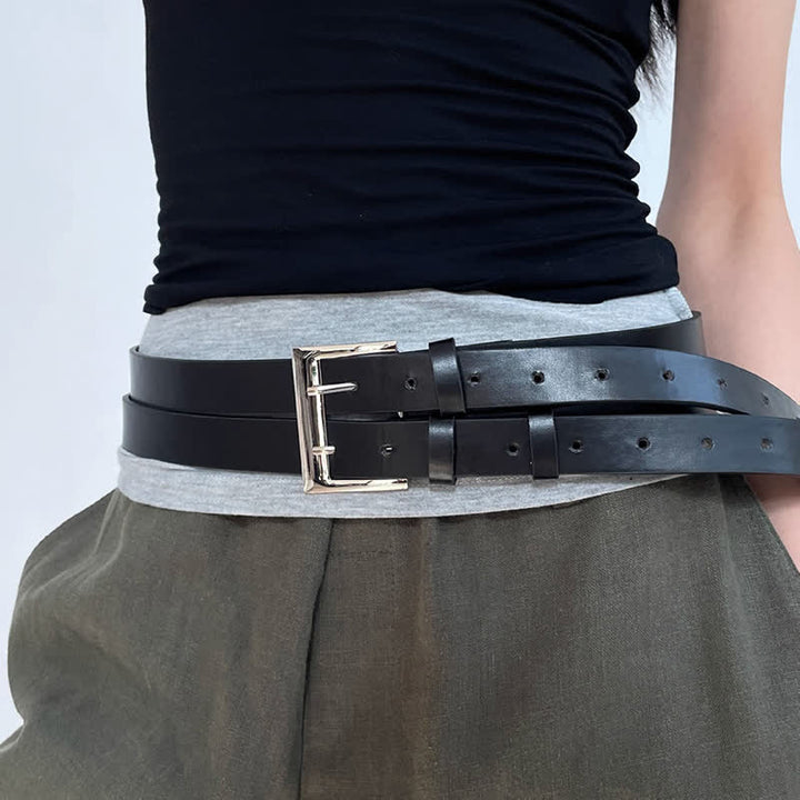 Cinturón de cuero negro con doble correa y doble punta para mujer