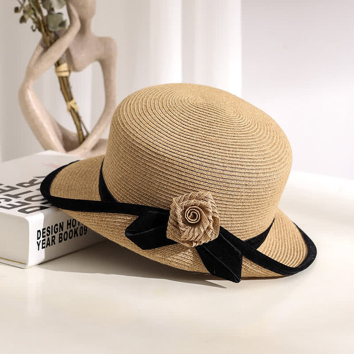 Elegante sombrero de paja plegable con estampado floral de dos tonos para mujer
