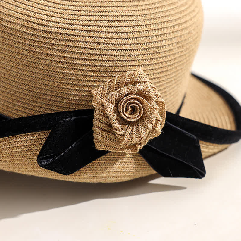 Elegante sombrero de paja plegable con estampado floral de dos tonos para mujer