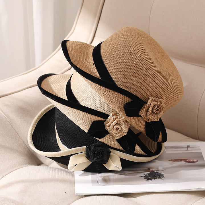 Elegante sombrero de paja plegable con estampado floral de dos tonos para mujer