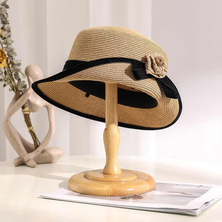 Elegante sombrero de paja plegable con estampado floral de dos tonos para mujer