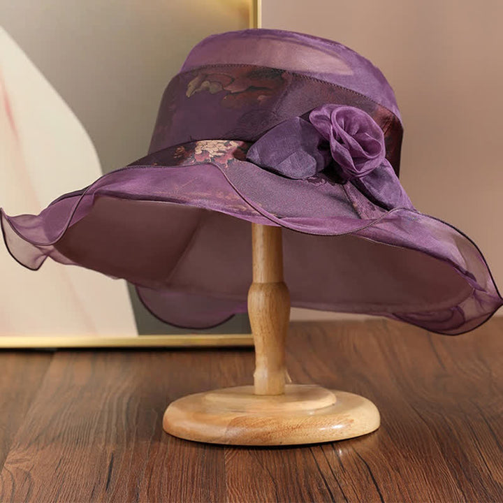 Sombrero de sol para mujer con borde de encaje de seda auténtico y decoración floral