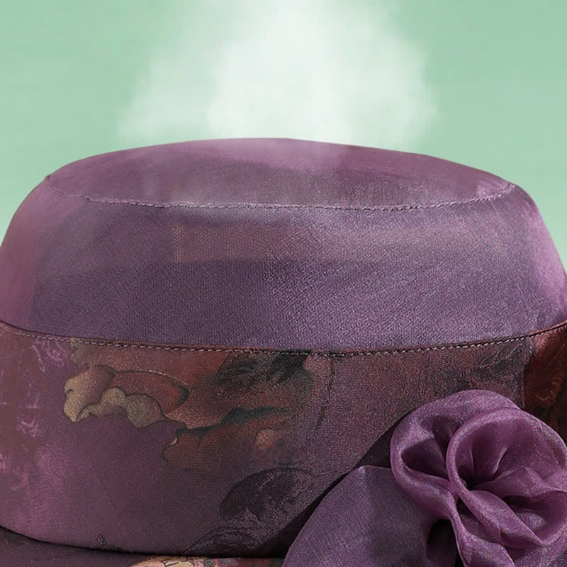 Sombrero de sol para mujer con borde de encaje de seda auténtico y decoración floral