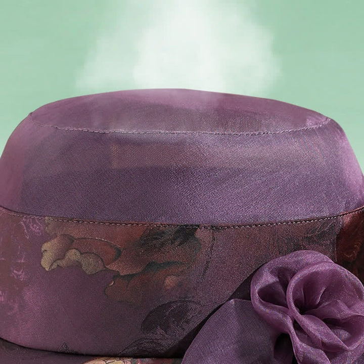 Sombrero de sol para mujer con borde de encaje de seda auténtico y decoración floral