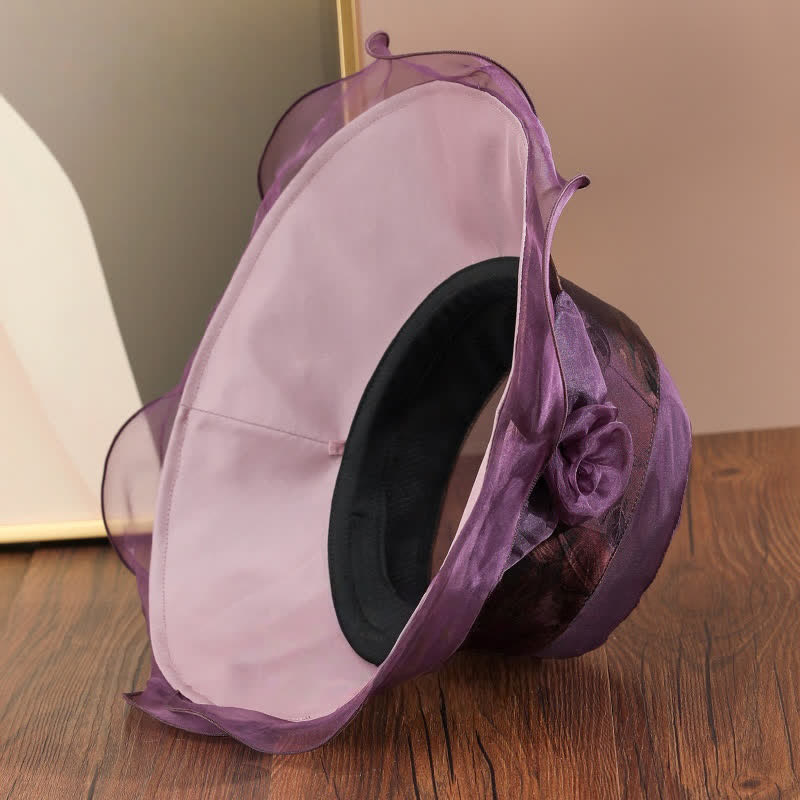 Sombrero de sol para mujer con borde de encaje de seda auténtico y decoración floral