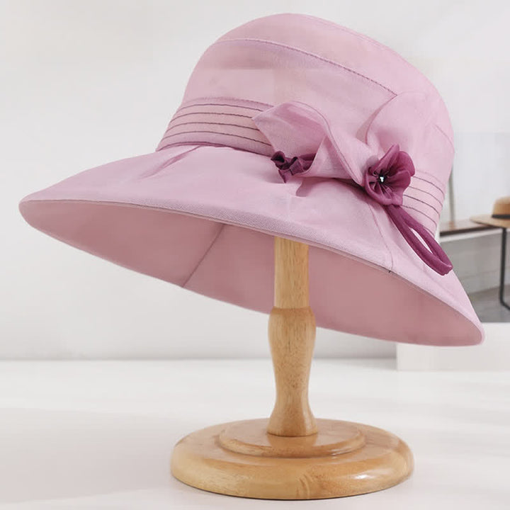 Sombrero de verano de seda auténtica con flores decorativas anchas para mujer