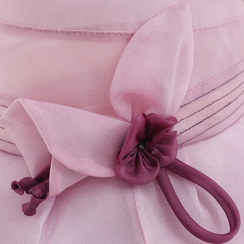 Sombrero de verano de seda auténtica con flores decorativas anchas para mujer