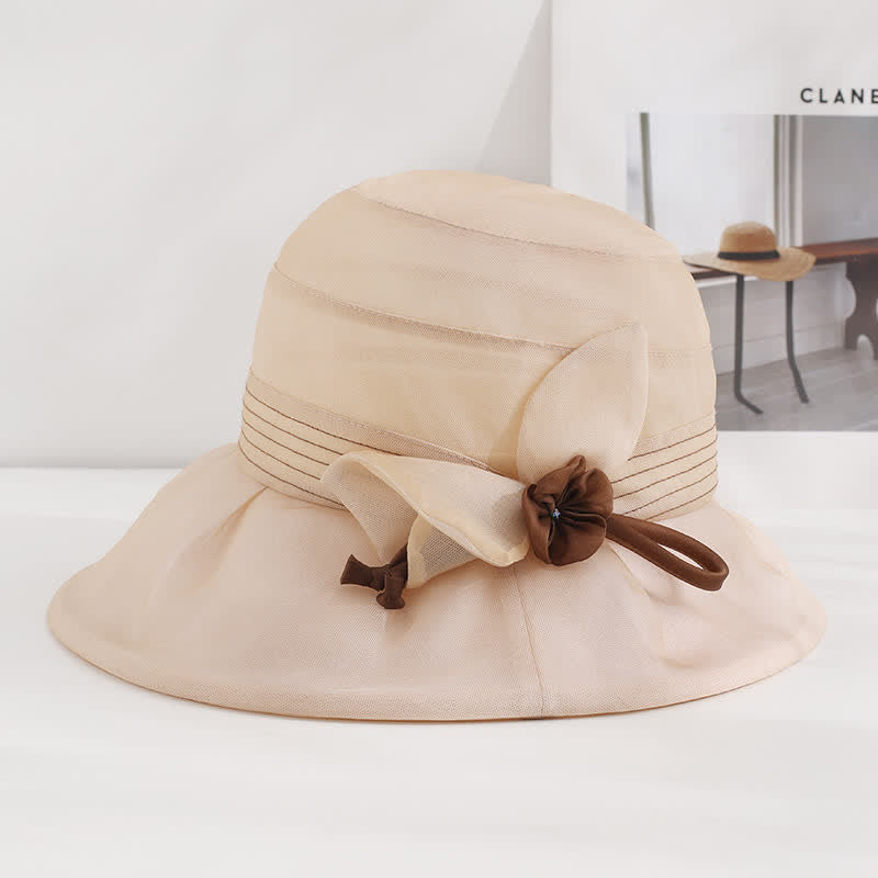 Sombrero de verano de seda auténtica con flores decorativas anchas para mujer