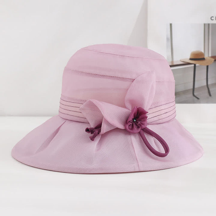 Sombrero de verano de seda auténtica con flores decorativas anchas para mujer
