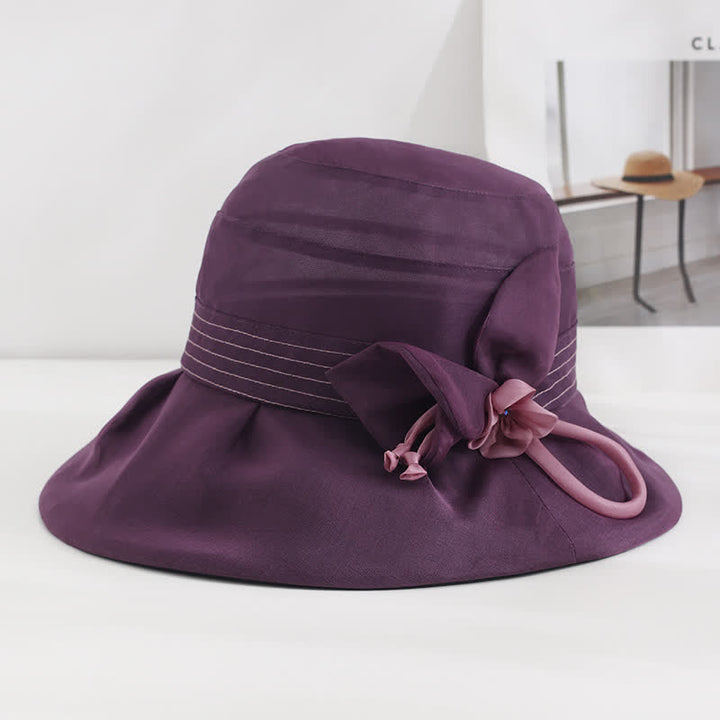 Sombrero de verano de seda auténtica con flores decorativas anchas para mujer