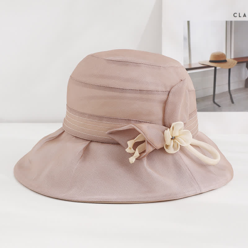 Sombrero de verano de seda auténtica con flores decorativas anchas para mujer