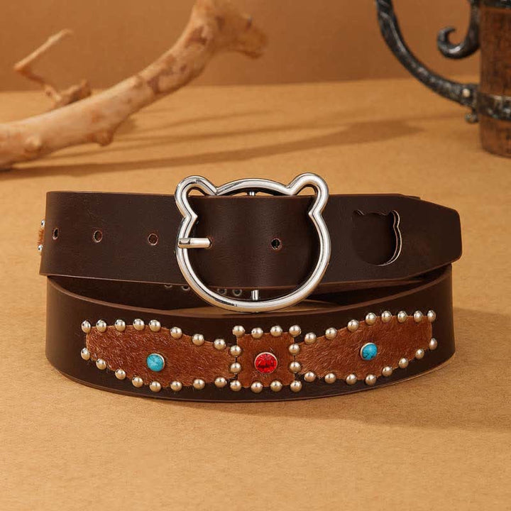 Cinturón de cuero con remaches bohemios y hebilla de oso para mujer