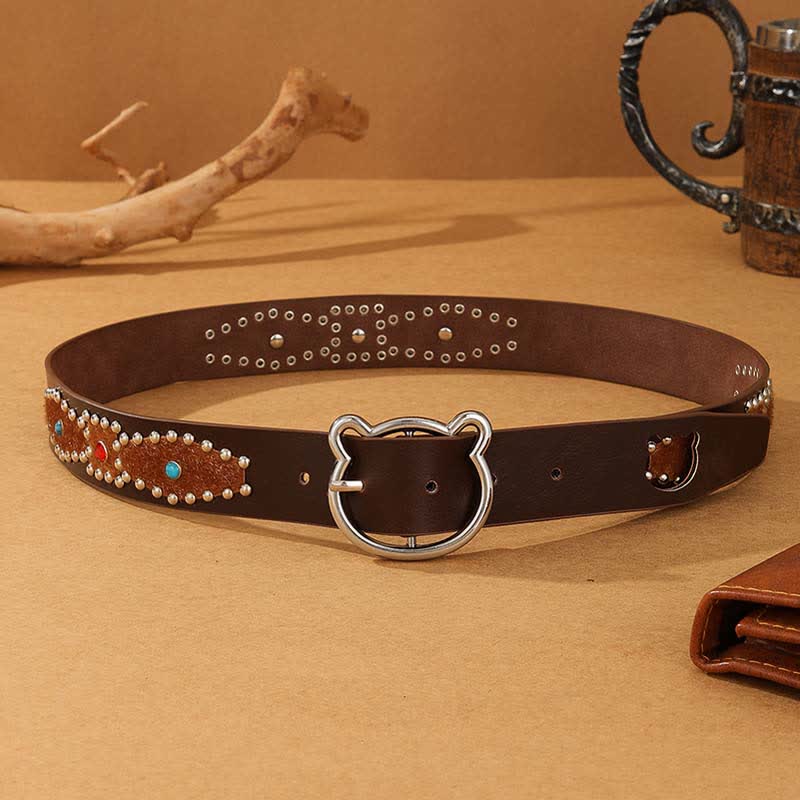 Cinturón de cuero con remaches bohemios y hebilla de oso para mujer