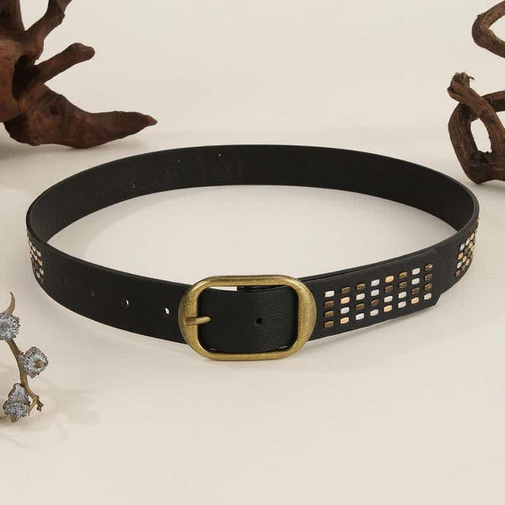 Cinturón de cuero con remaches de metal pesado negro para mujer