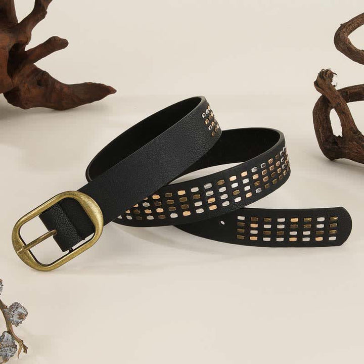 Cinturón de cuero con remaches de metal pesado negro para mujer
