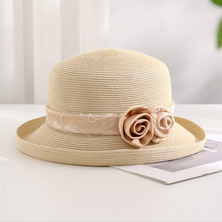 Sombrero de paja de verano con ala enrollada y gasa de rojo con flores dobles para mujer
