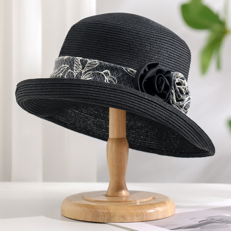 Sombrero de paja de verano con ala enrollada y gasa de rojo con flores dobles para mujer