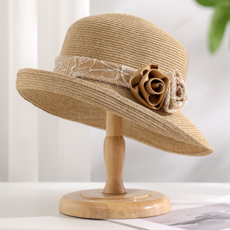 Sombrero de paja de verano con ala enrollada y gasa de rojo con flores dobles para mujer