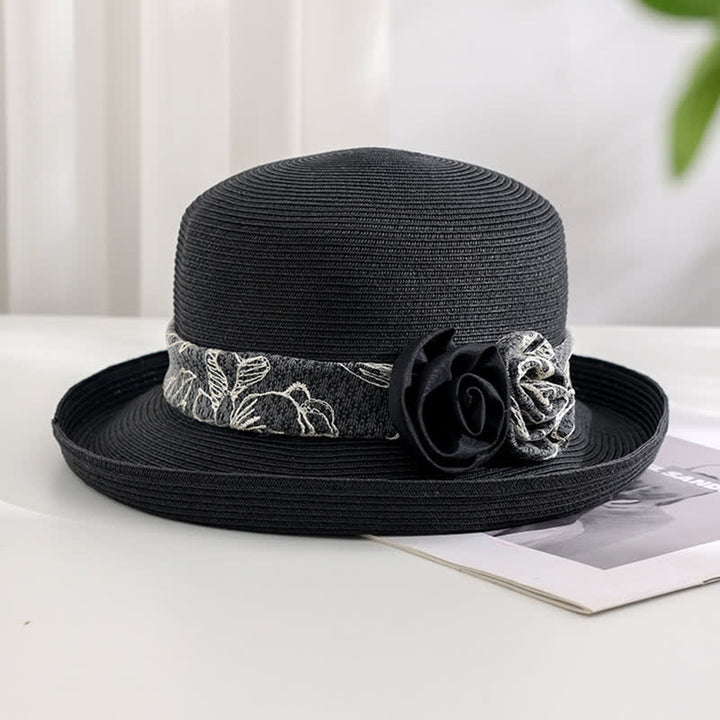Sombrero de paja de verano con ala enrollada y gasa de rojo con flores dobles para mujer