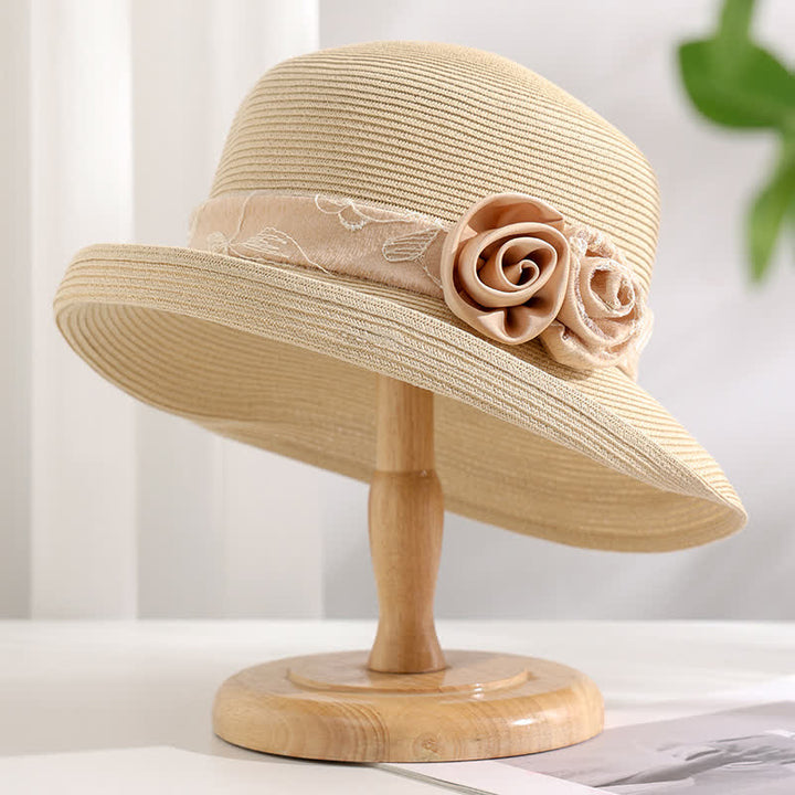 Sombrero de paja de verano con ala enrollada y gasa de rojo con flores dobles para mujer