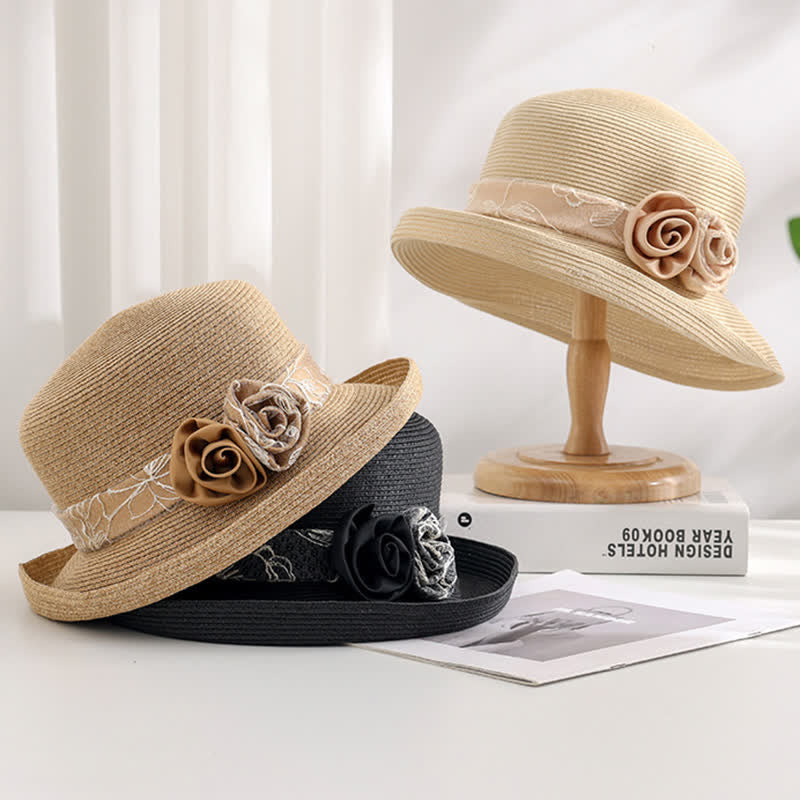 Sombrero de paja de verano con ala enrollada y gasa de rojo con flores dobles para mujer