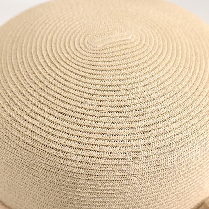 Sombrero de paja de verano con ala enrollada y gasa de rojo con flores dobles para mujer