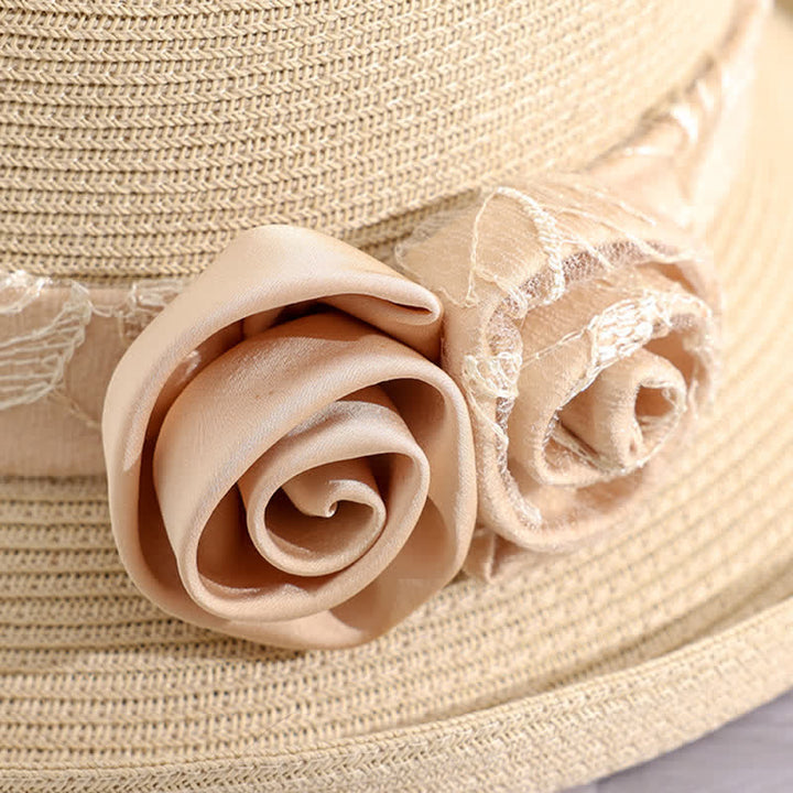 Sombrero de paja de verano con ala enrollada y gasa de rojo con flores dobles para mujer