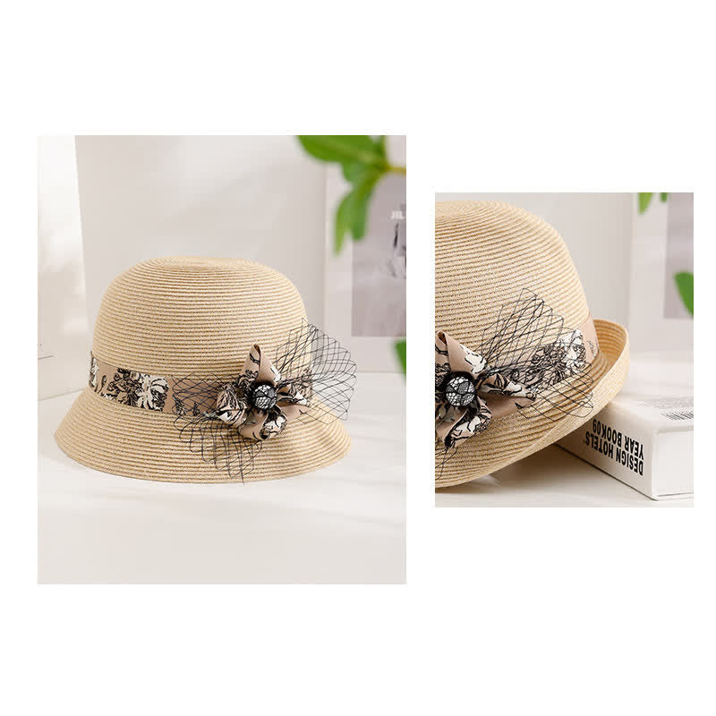 Sombrero de paja de verano elegante con decoración floral estilo romano para mujer