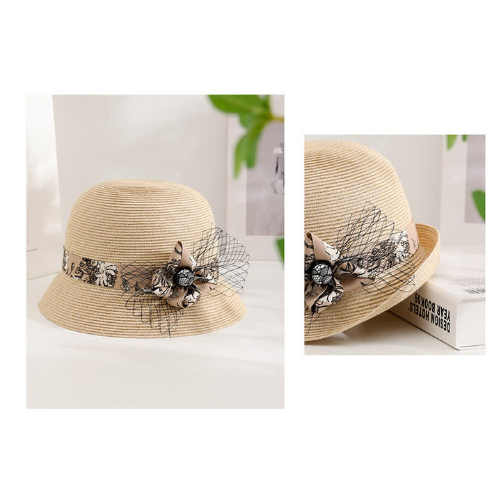 Sombrero de paja de verano elegante con decoración floral estilo romano para mujer