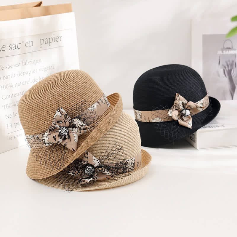 Sombrero de paja de verano elegante con decoración floral estilo romano para mujer