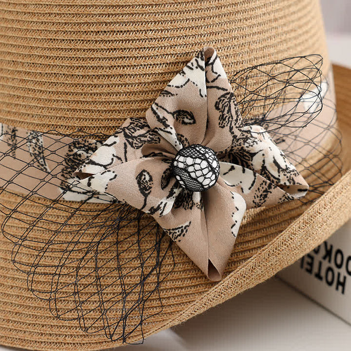 Sombrero de paja de verano elegante con decoración floral estilo romano para mujer
