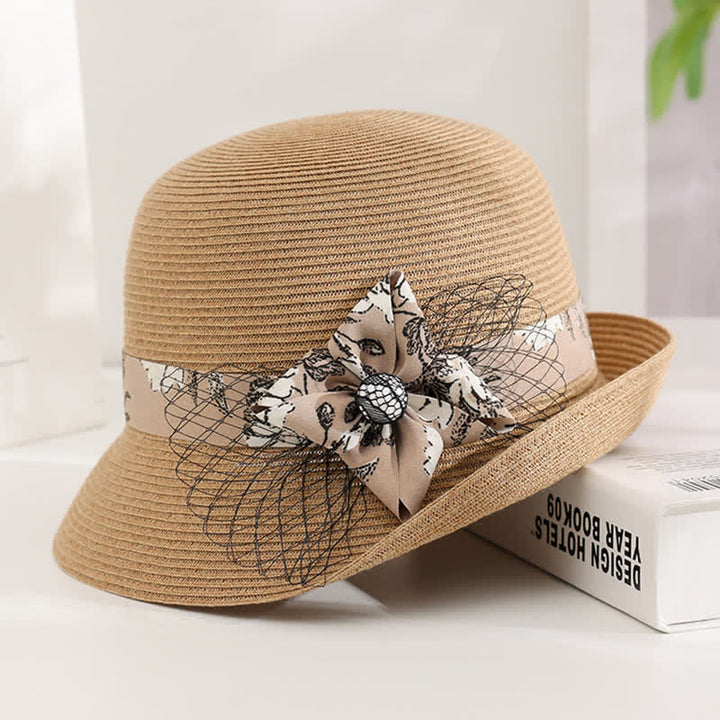 Sombrero de paja de verano elegante con decoración floral estilo romano para mujer
