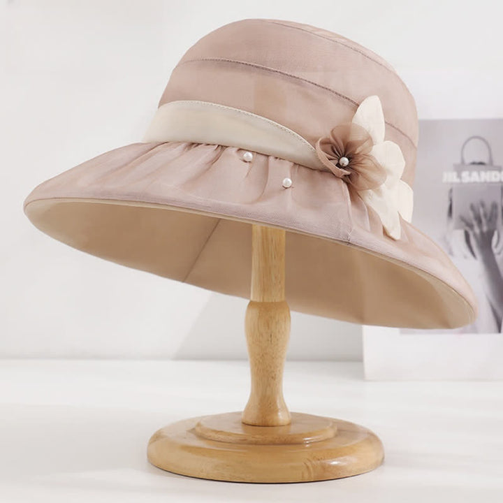 Sombrero para el sol de seda con ala ancha y flores adornadas con perlas para mujer